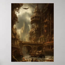 Fantastische stad langs de brug poster