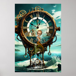 Fantastische steampunk zee klok poster