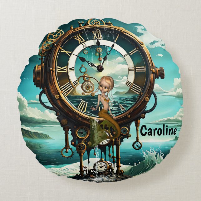 Fantastische steampunk zee klok rond kussen (Voorkant)