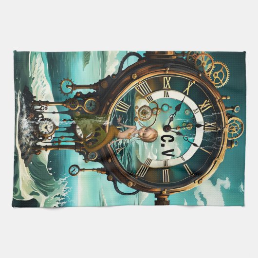 Fantastische steampunk zee klok theedoek (Horizontaal)