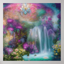 Fantastische tuin met bloemen en kalkwaterval poster