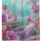 Fantastische tuin met bloemen en roze waterval douchegordijn (Voorkant)