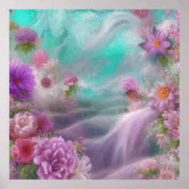 Fantastische tuin met bloemen en roze waterval poster
