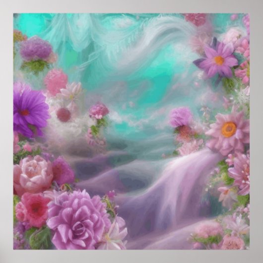 Fantastische tuin met bloemen en roze waterval poster (Voorkant)