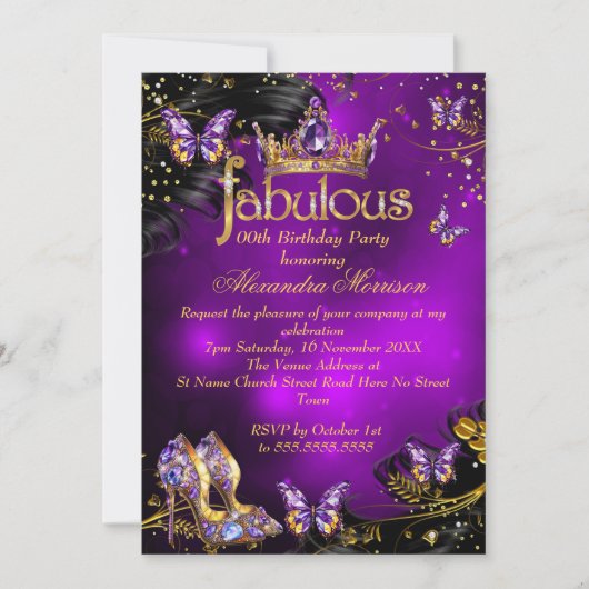 Fantastische verjaardag paarse gouden zwarte vlind kaart (Voorkant)