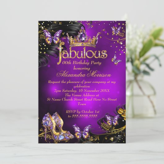 Fantastische verjaardag paarse gouden zwarte vlind kaart (Staand voorkant)