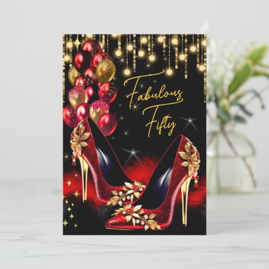 Fantastische verjaardag rode glitter hakken ballon kaart (Staand voorkant)