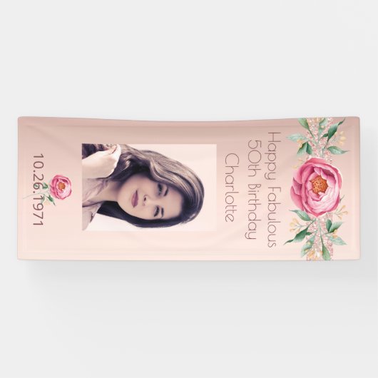 Fantastische verjaardag roos gouden foto roze spandoek (Horizontaal)