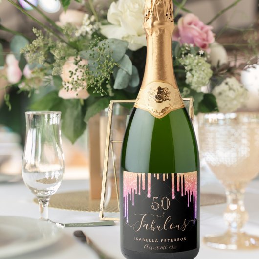 Fantastische verjaardagsregenbooglitter zwarte gla sparkling wijnetiket