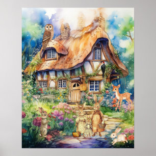 Fantastische Waterverf Fantasie Cottage Dieren Kin Poster