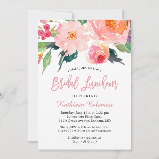 Fantastische Waterverf Floral Modern Bridal Lunche Kaart (Voorkant)