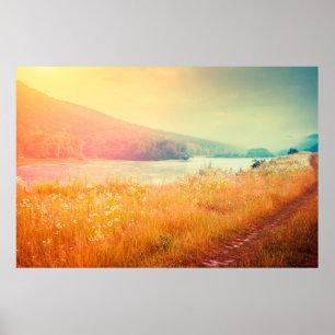 Fantastische woeste rivier met vers gras in de zon poster