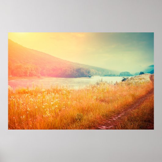 Fantastische woeste rivier met vers gras in de zon poster (Voorkant)