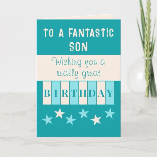 Fantastische zoon turquoise beige verjaardag kaart (Voorkant)