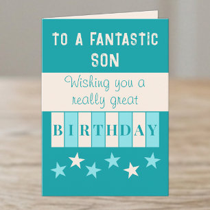 Fantastische zoon turquoise beige verjaardag kaart