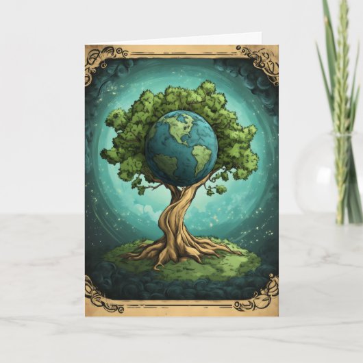 Fantasy Aarde Boom Planeet Feestdagen Kaart (Voorkant)