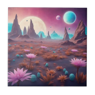 Fantasy Alien Planet Landschap met Bloemen Tegeltje