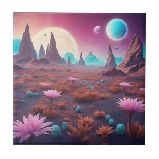 Fantasy Alien Planet Landschap met Bloemen Tegeltje (Voorkant)