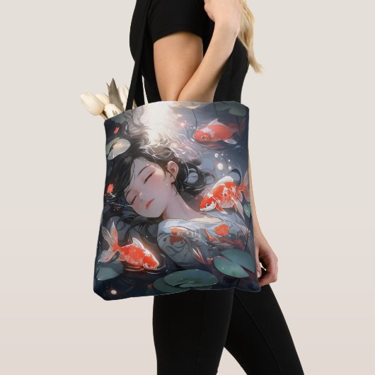 Fantasy Anime Girl en Carps Tote Bag (Dichtbij)