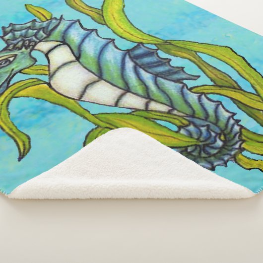 Fantasy Aqua Blauw Wit Zeepaardje in Groen Zeewier Sherpa Deken (3/4)