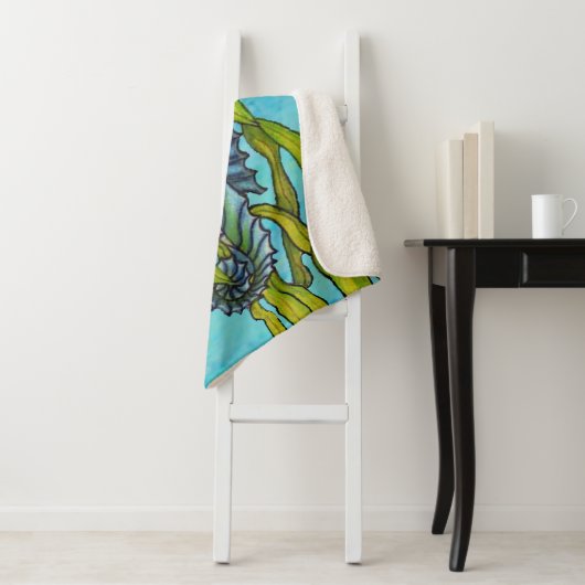 Fantasy Aqua Blauw Wit Zeepaardje in Groen Zeewier Sherpa Deken (In situ)