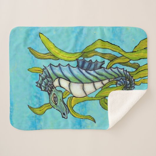 Fantasy Aqua Blauw Wit Zeepaardje in Groen Zeewier Sherpa Deken (Voorkant (horizontaal))