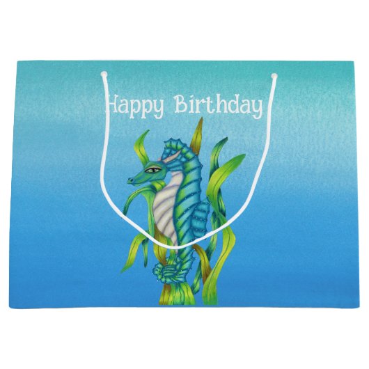 Fantasy  Aqua Blue Seahorse Zeewier Verjaardag Groot Cadeauzakje (Voorkant)