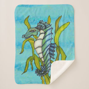 Fantasy Aqua Blue White Seahorse in Green Seaweed Sherpa Deken