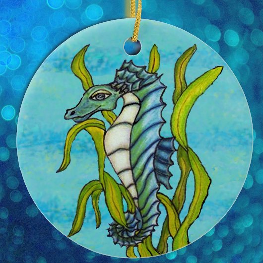 Fantasy Aqua Blue Zee Dragon Seahorse in Seaweed Keramisch Ornament