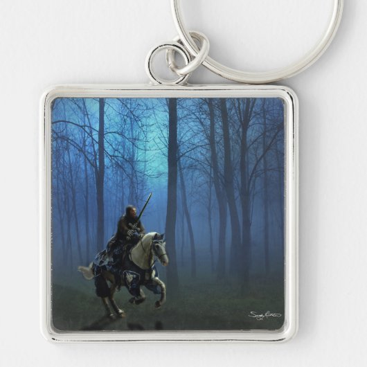 Fantasy Art Blue Knight op Horseback in Moonlight Sleutelhanger (Voorkant)