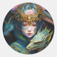 Fantasy Art Dragon Goddess Queen Classic Round Sti