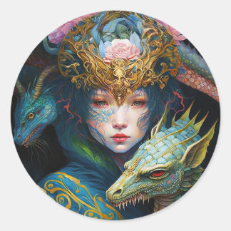 Fantasy Art Dragon Goddess Queen Classic Round Sti Ronde Sticker
