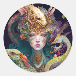 Fantasy Art Dragon Goddess Queen Ronde Sticker