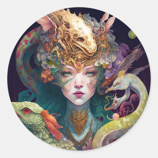 Fantasy Art Dragon Goddess Queen Ronde Sticker (Voorkant)
