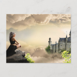 Fantasy Art Girl over het kasteel in de wolken Briefkaart