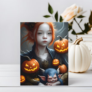 Fantasy Art Jonge Demon en Huisdier Halloween Pren Briefkaart