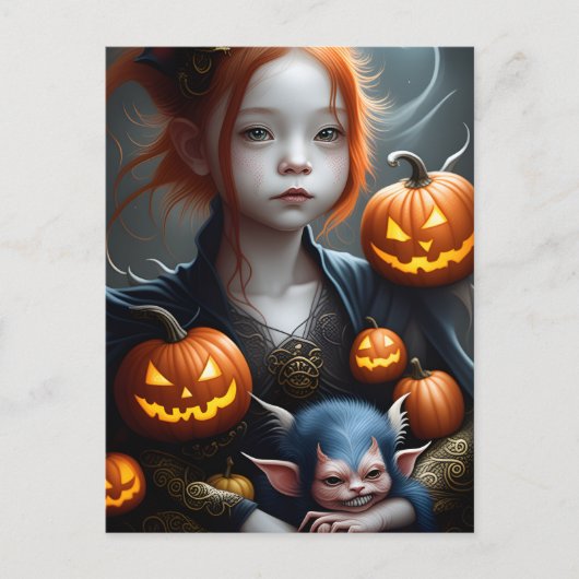 Fantasy Art Jonge Demon en Pet Halloween Briefkaar Briefkaart (Voorkant)