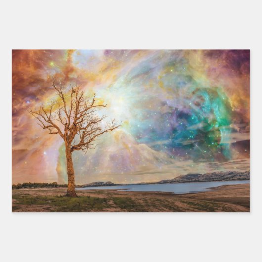 Fantasy Art Noordelijk licht Landschap met boomstr Inpakpapier Vel (Voorkant)