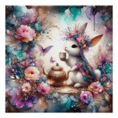 Fantasy Art Paarse Blauwgroen Waterverf Bunny Tea  Perfect Poster (Voorkant)
