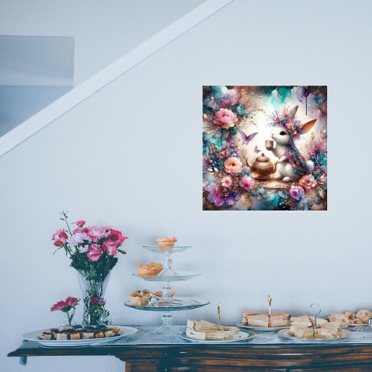 Fantasy Art Paarse Blauwgroen Waterverf Bunny Tea  Perfect Poster