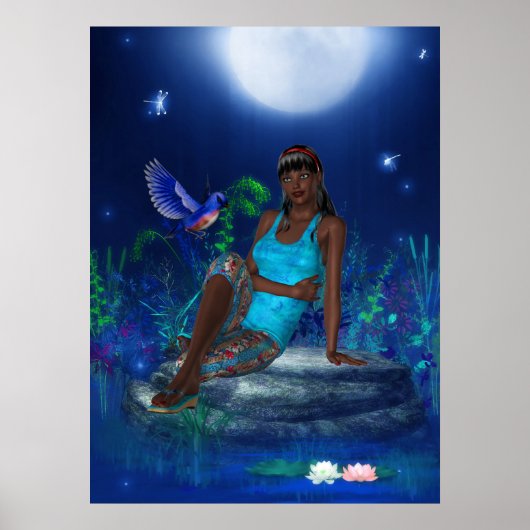Fantasy Art Poster Maneschijn Vogel Meisje (Voorkant)