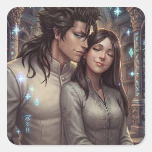 Fantasy Art Print - Intieme Omhelzing in Oude Ruïn Vierkante Sticker