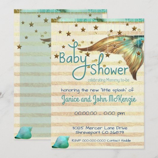 Fantasy Beach Mermaid Baby shower Invitation Kaart (Voorkant / Achterkant)