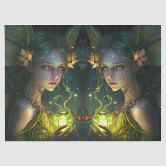 Fantasy Beauful Green Forest Fairy-ontkoppeling Tissuepapier (Voorkant)