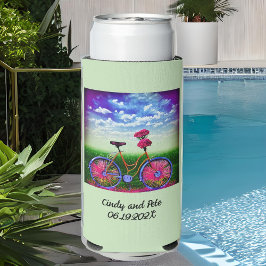 Fantasy Bicycle met roze bloemen op Mint Green Seltzer Blikjeskoeler