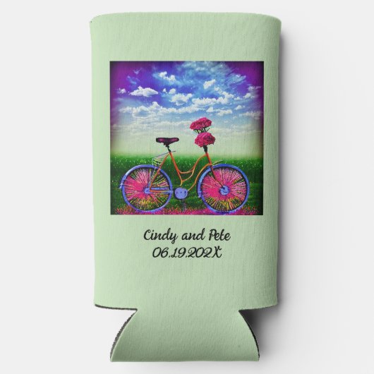 Fantasy Bicycle met roze bloemen op Mint Green Seltzer Blikjeskoeler (Achterkant)