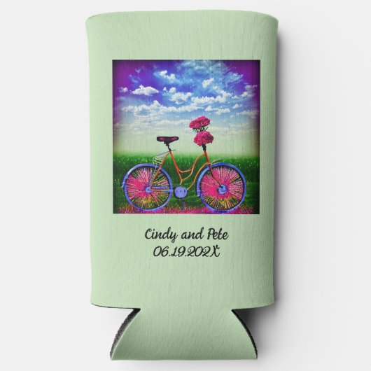 Fantasy Bicycle met roze bloemen op Mint Green Seltzer Blikjeskoeler (Voorkant)