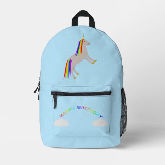 Fantasy Birthday Unicorn Rainbow en Clouds Bedrukte Rugzak (Voorkant)