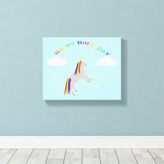 Fantasy Birthday Unicorn Rainbow en Clouds Canvas Afdruk (Insitu (Houten vloer))