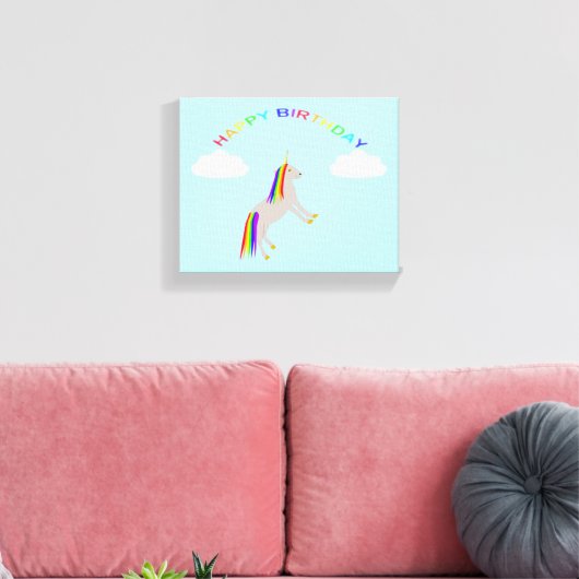 Fantasy Birthday Unicorn Rainbow en Clouds Canvas Afdruk (Insitu (Woonkamer))
